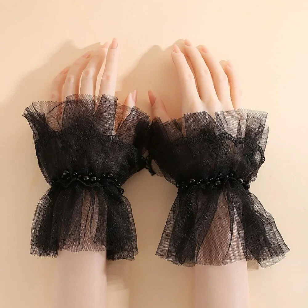 Women's Fingerless Black Pearl Tulle Short Lace Gloves Wedding Party Prom